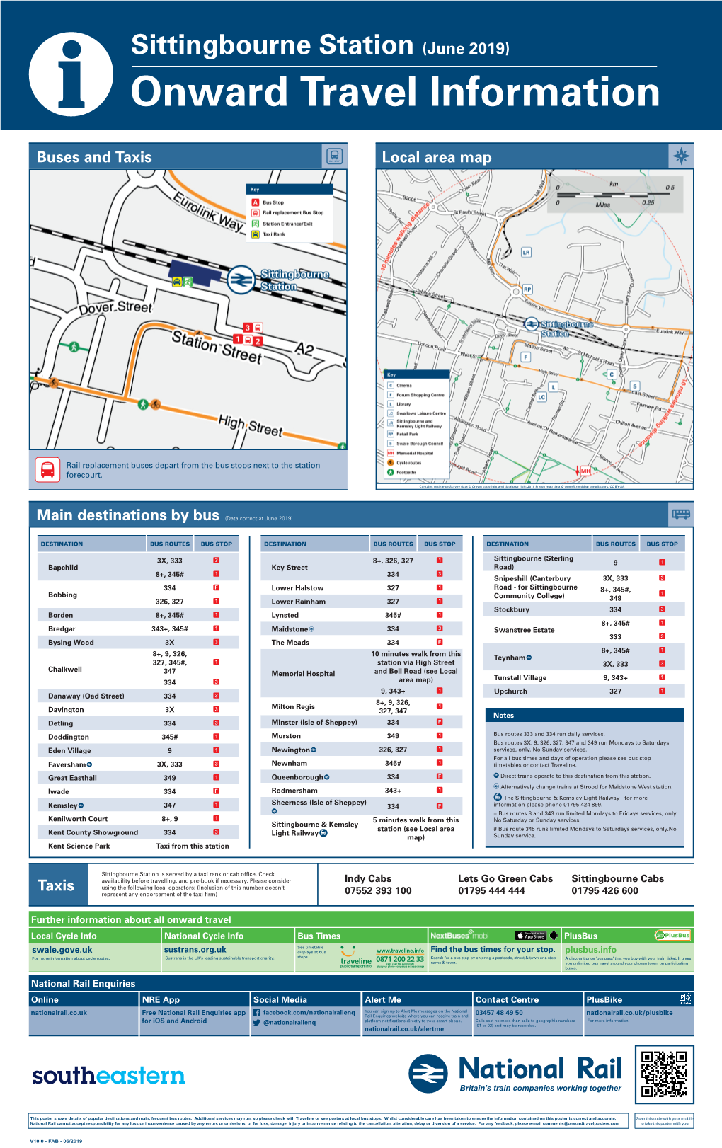 Sittingbourne Station (June 2019) I Onward Travel Information Buses and Taxis Local Area Map