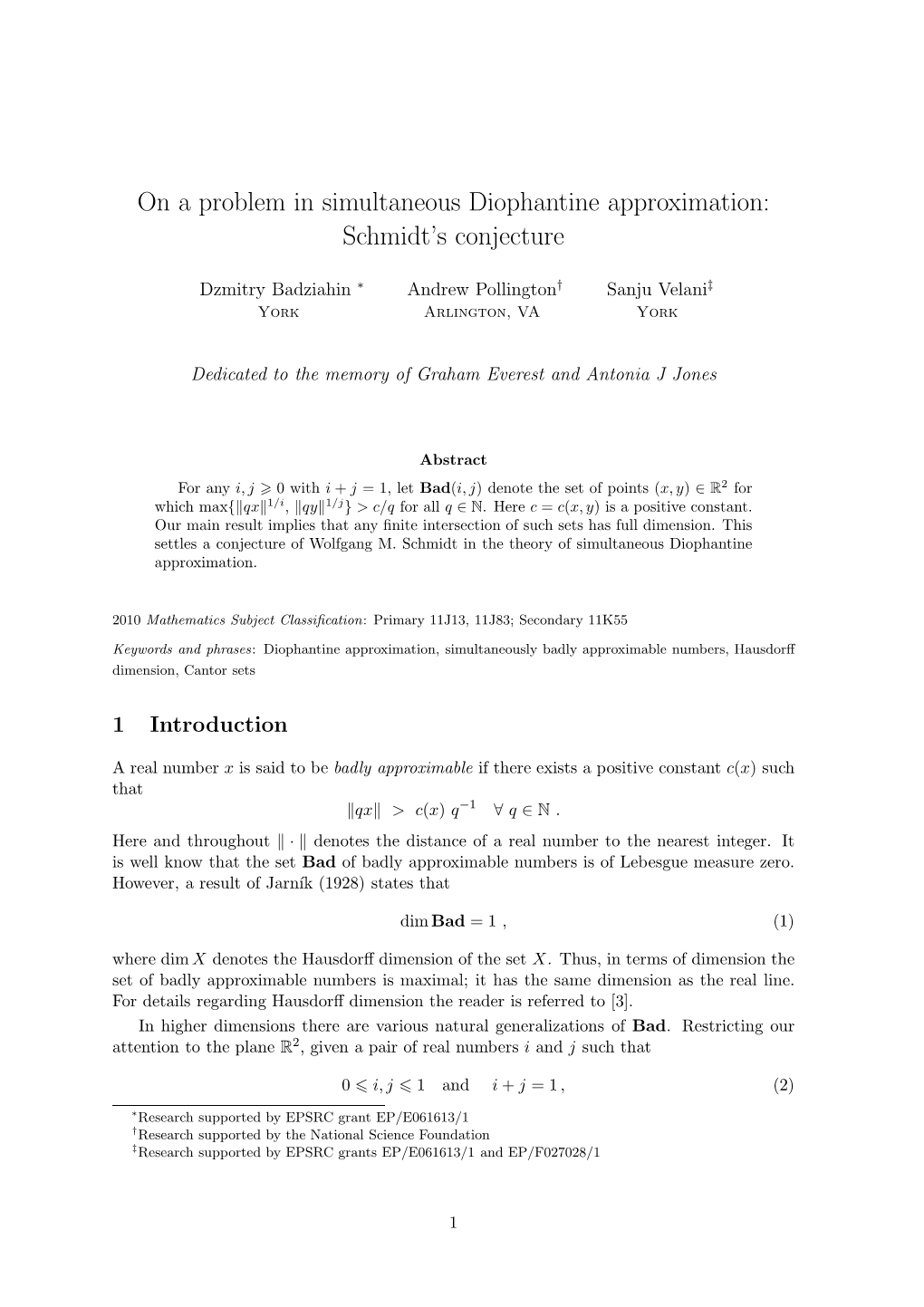 On a Problem in Simultaneous Diophantine Approximation: Schmidt’S Conjecture