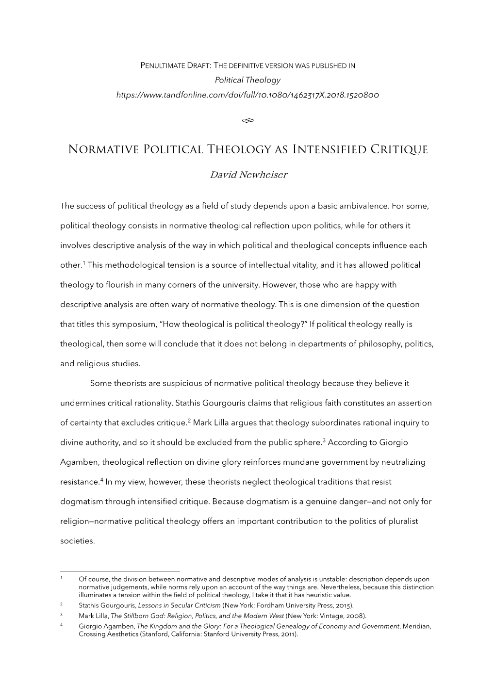 Normative Political Theology As Intensified Critique