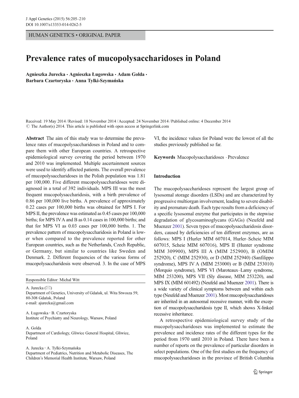 Prevalence Rates of Mucopolysaccharidoses in Poland