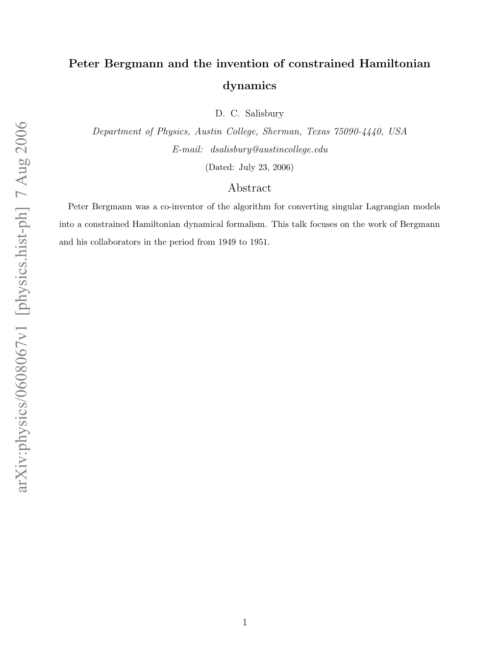 Arxiv:Physics/0608067V1 [Physics.Hist-Ph] 7 Aug 2006 N I Olbrtr Ntepro Rm14 O1951