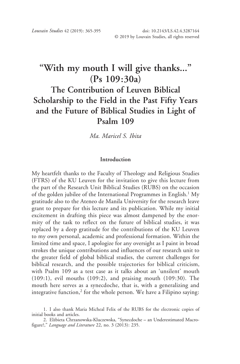 Ps 109:30A) the Contribution of Leuven Biblical Scholarship to the Field in the Past Fifty Years and the Future of Biblical Studies in Light of Psalm 109 Ma