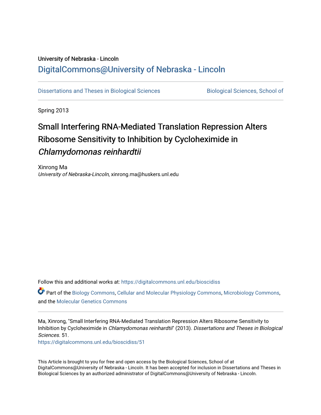 Small Interfering RNA-Mediated Translation Repression Alters Ribosome Sensitivity to Inhibition by Cycloheximide in Chlamydomonas Reinhardtii