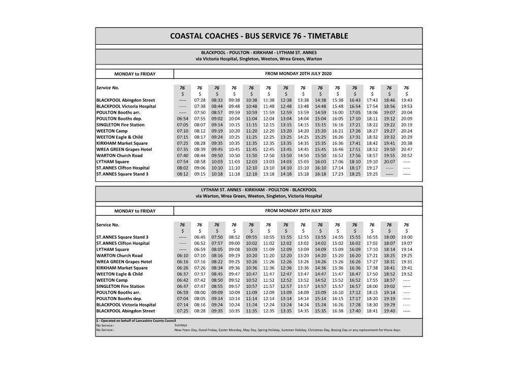 Bus Service 76 - Timetable