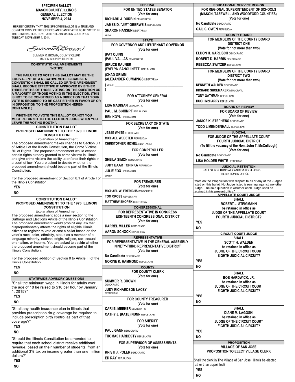 Specimen Ballot Mason County, Illinois General