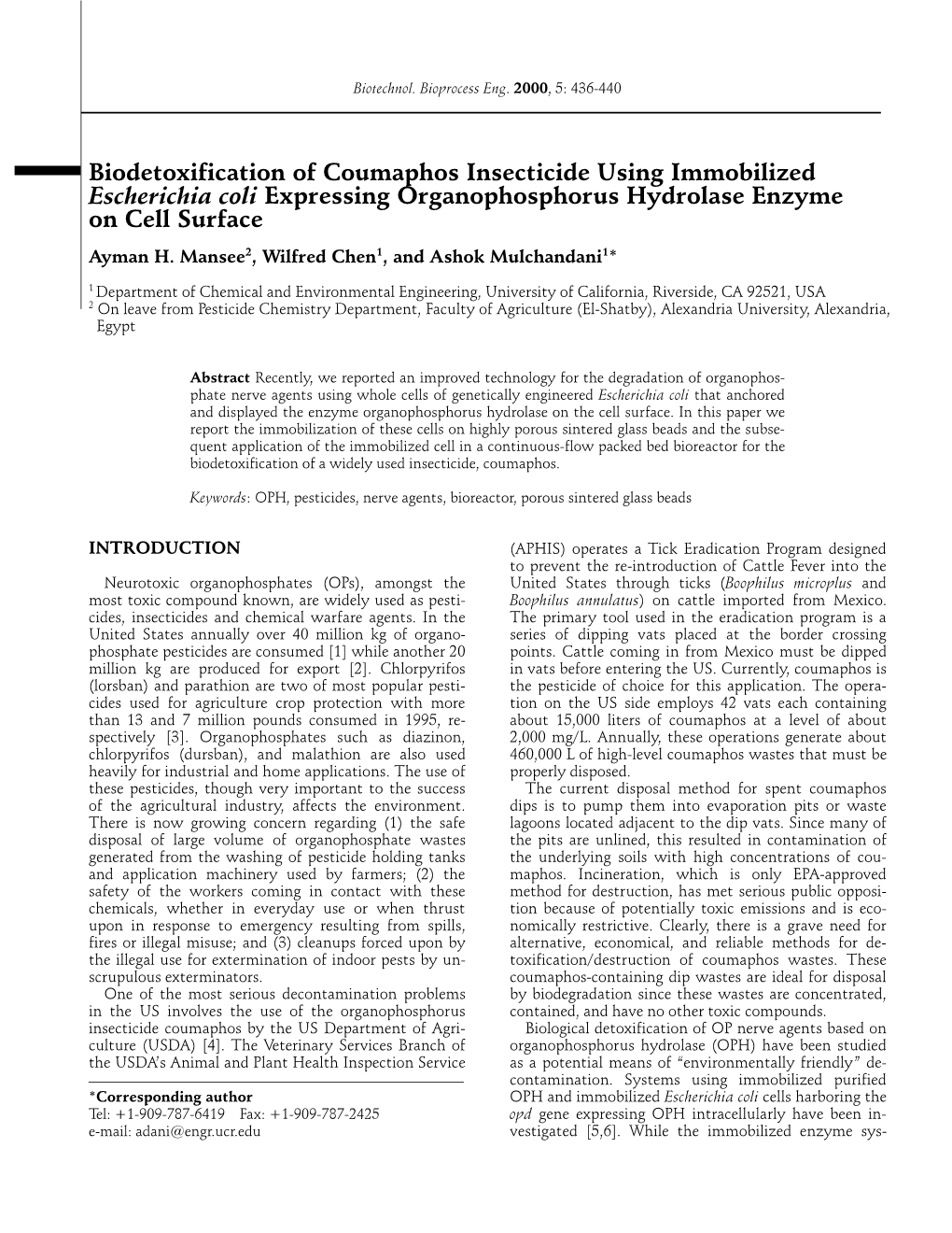 Biodetoxification of Coumaphos Insecticide Using Immobilized Escherichia Coli Expressing Organophosphorus Hydrolase Enzyme on Cell Surface