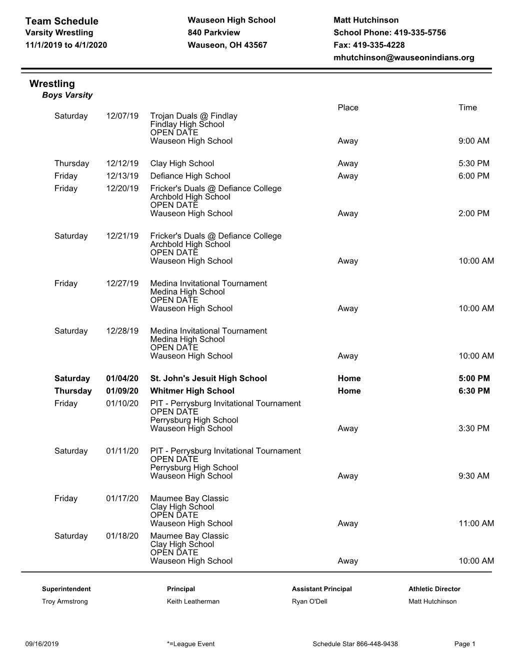 Team Schedule Wrestling