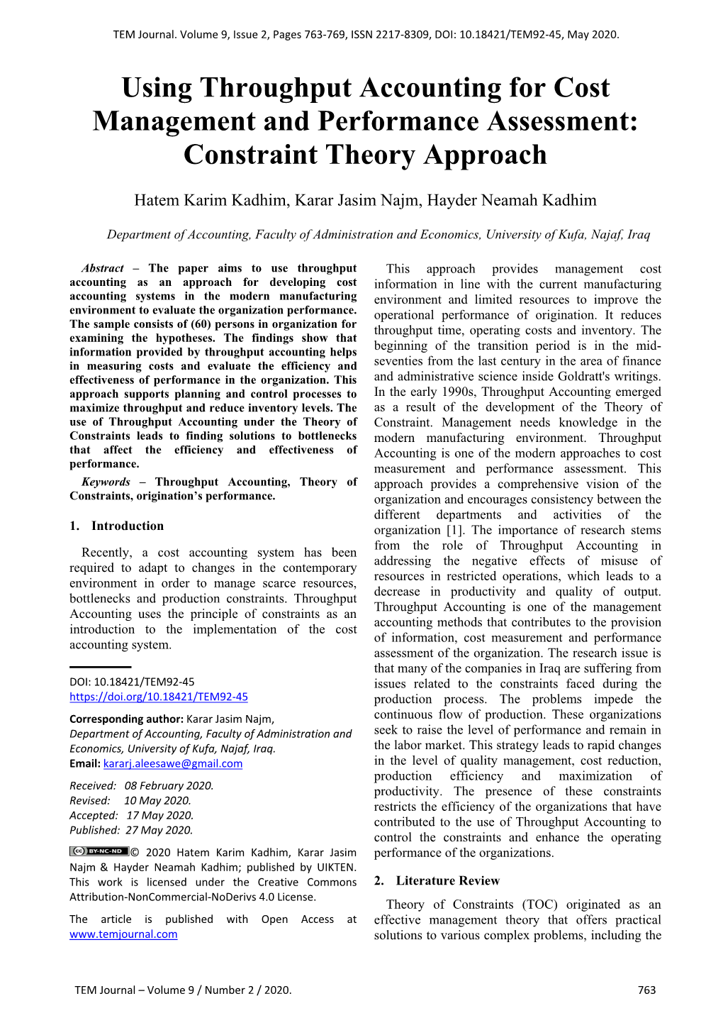 Using Throughput Accounting for Cost Management and Performance Assessment: Constraint Theory Approach