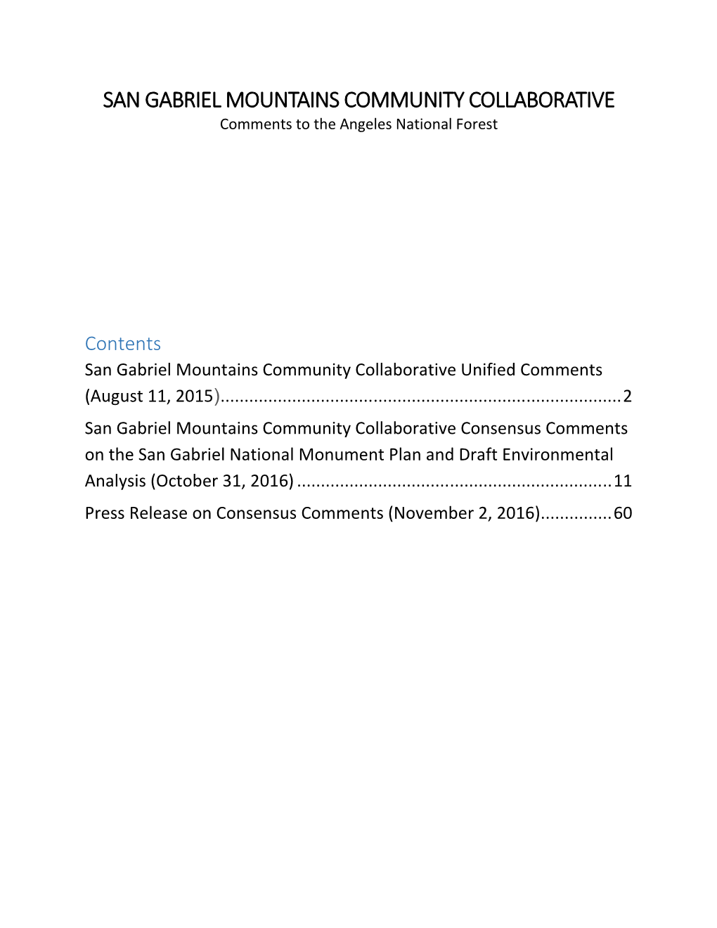 Consensus Comments on the San Gabriel National Monument Plan and Draft Environmental Analysis (October 31, 2016)