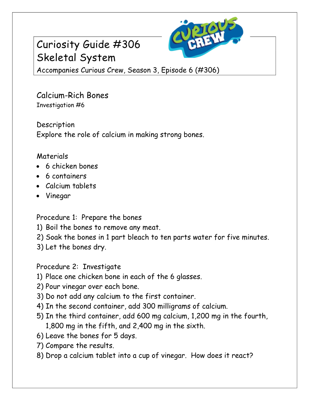 Curiosity Guide #306 Skeletal System