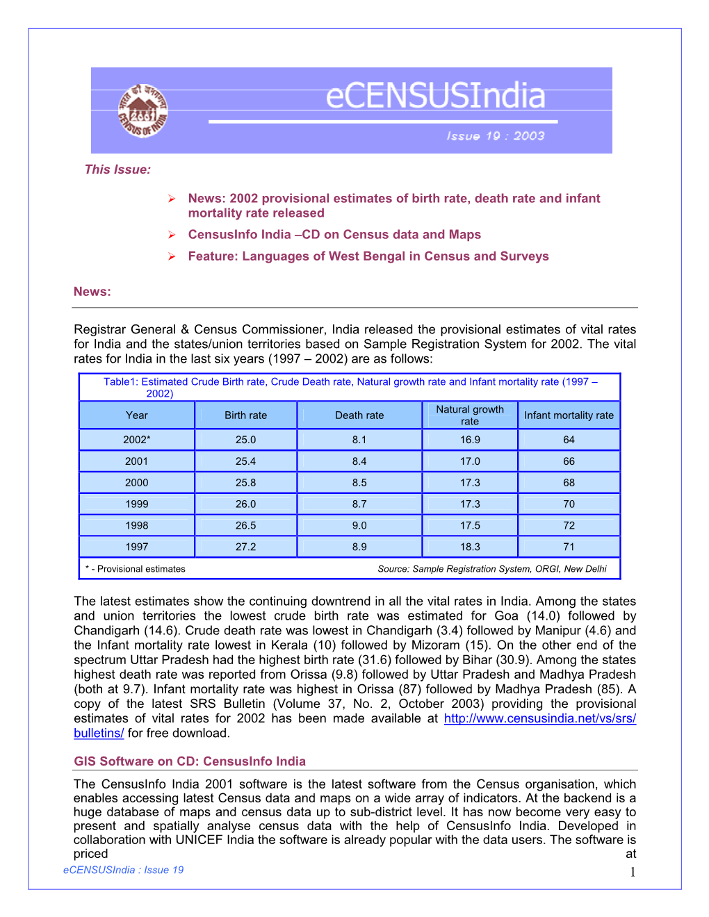 Census of India Website at Censusinfo.Html