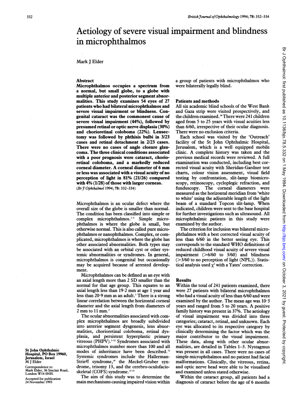 Aetiology Ofsevere Visual Impairment and Blindness in Microphthalmos 333