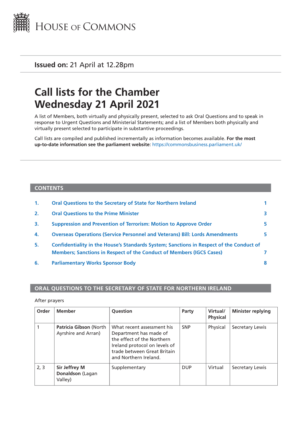 Call Lists for the Chamber Wednesday 21 April 2021