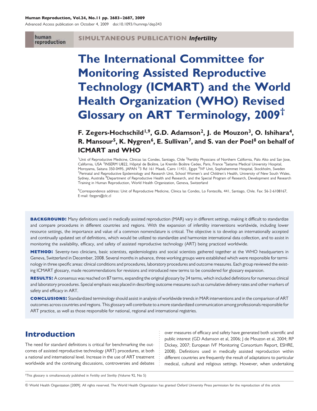 Committee for Monitoring Assisted Reproductive Technology (ICMART) and the World Health Organization (WHO) Revised Glossary on ART Terminology, 2009†