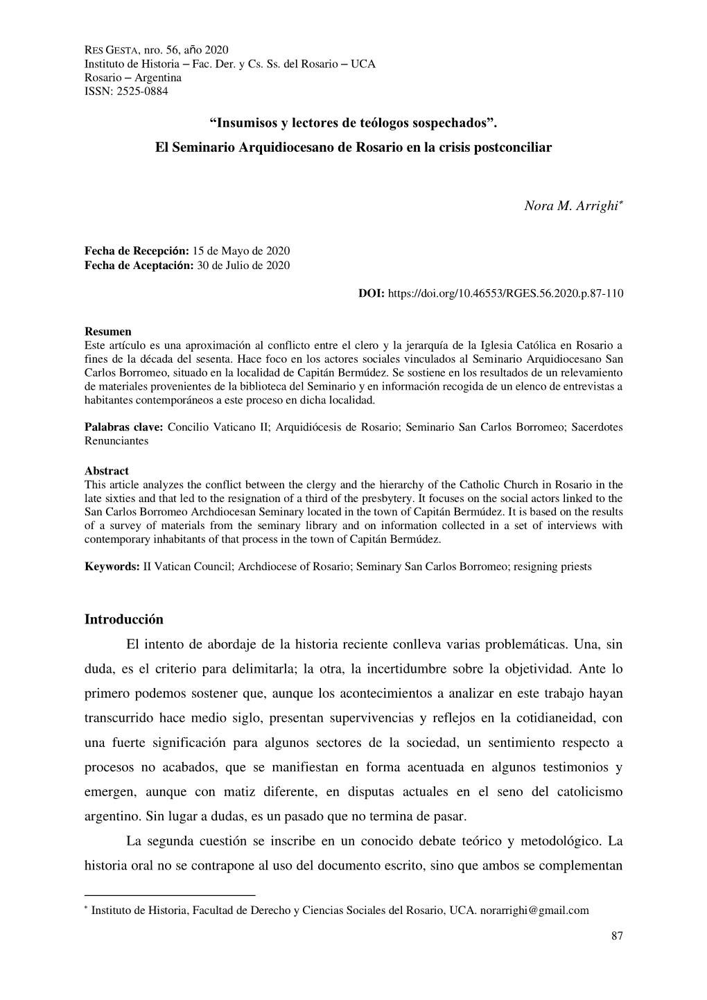 “Insumisos Y Lectores De Teólogos Sospechados”. El Seminario Arquidiocesano De Rosario En La Crisis Postconciliar