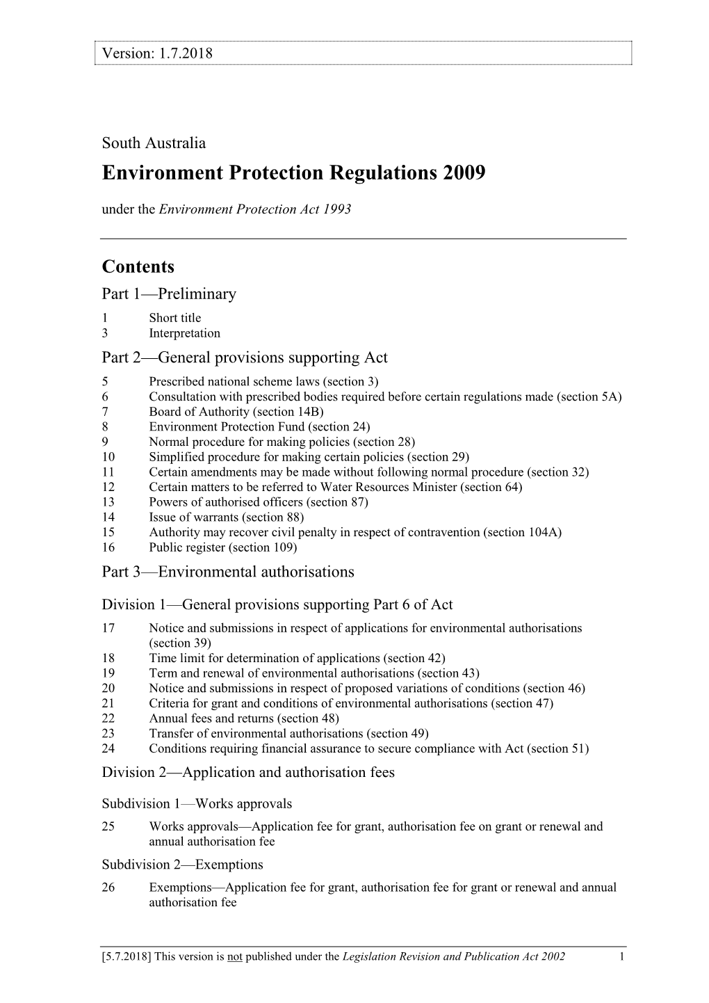 South Australia Environment Protection Regulations 2009 Under the Environment Protection Act 1993