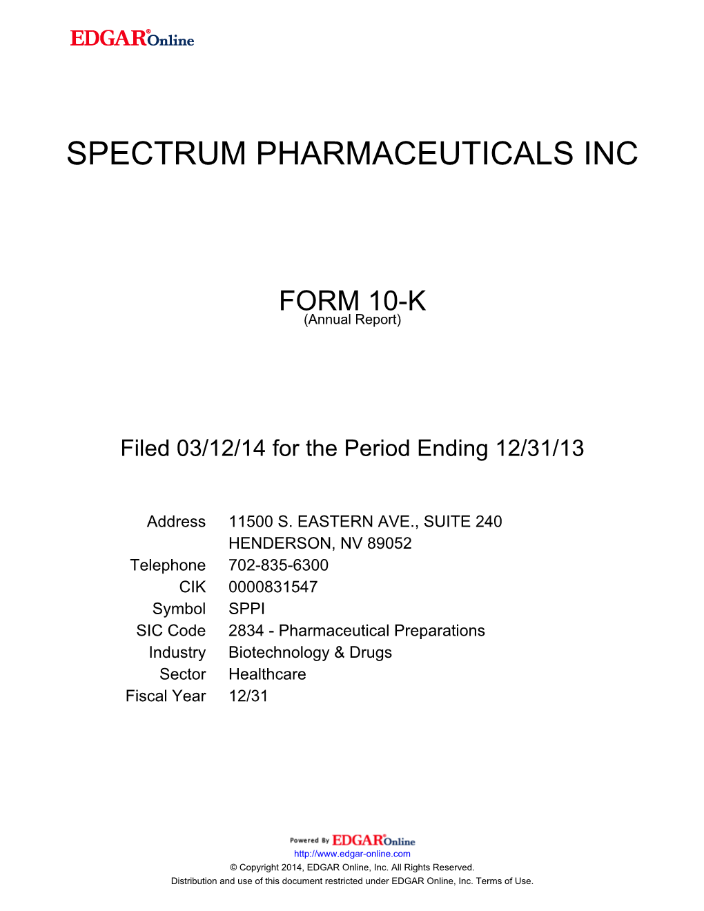 Spectrum Pharmaceuticals Inc