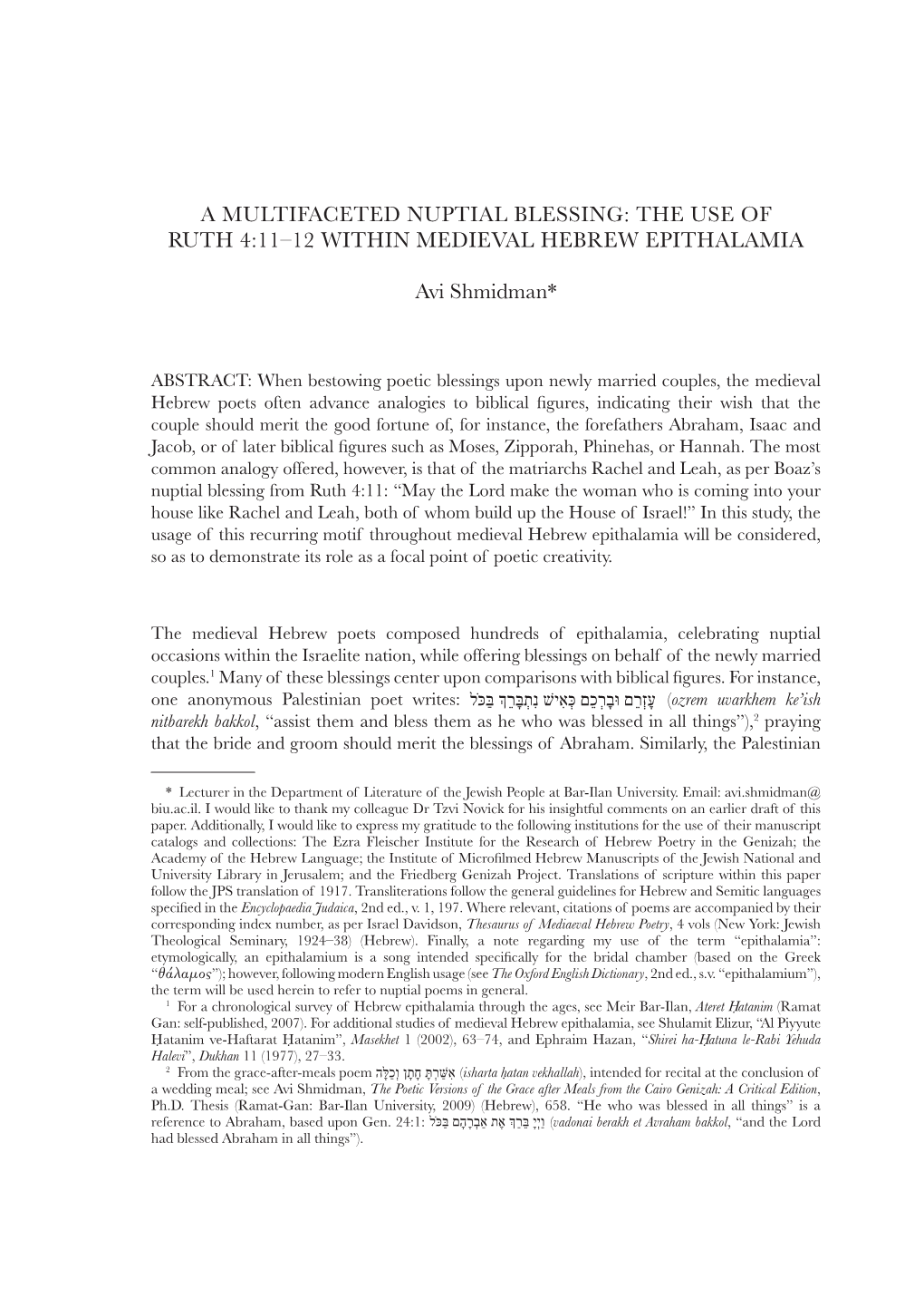 A Multifaceted Nuptial Blessing: the Use of Ruth 4:11–12 Within Medieval Hebrew Epithalamia