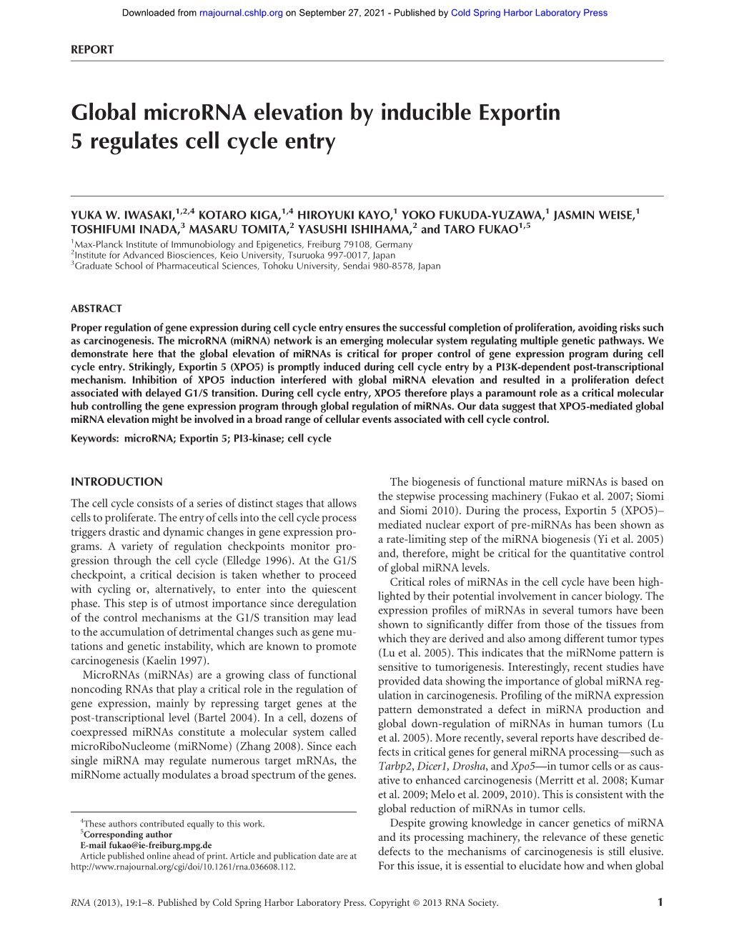 Global Microrna Elevation by Inducible Exportin 5 Regulates Cell Cycle Entry