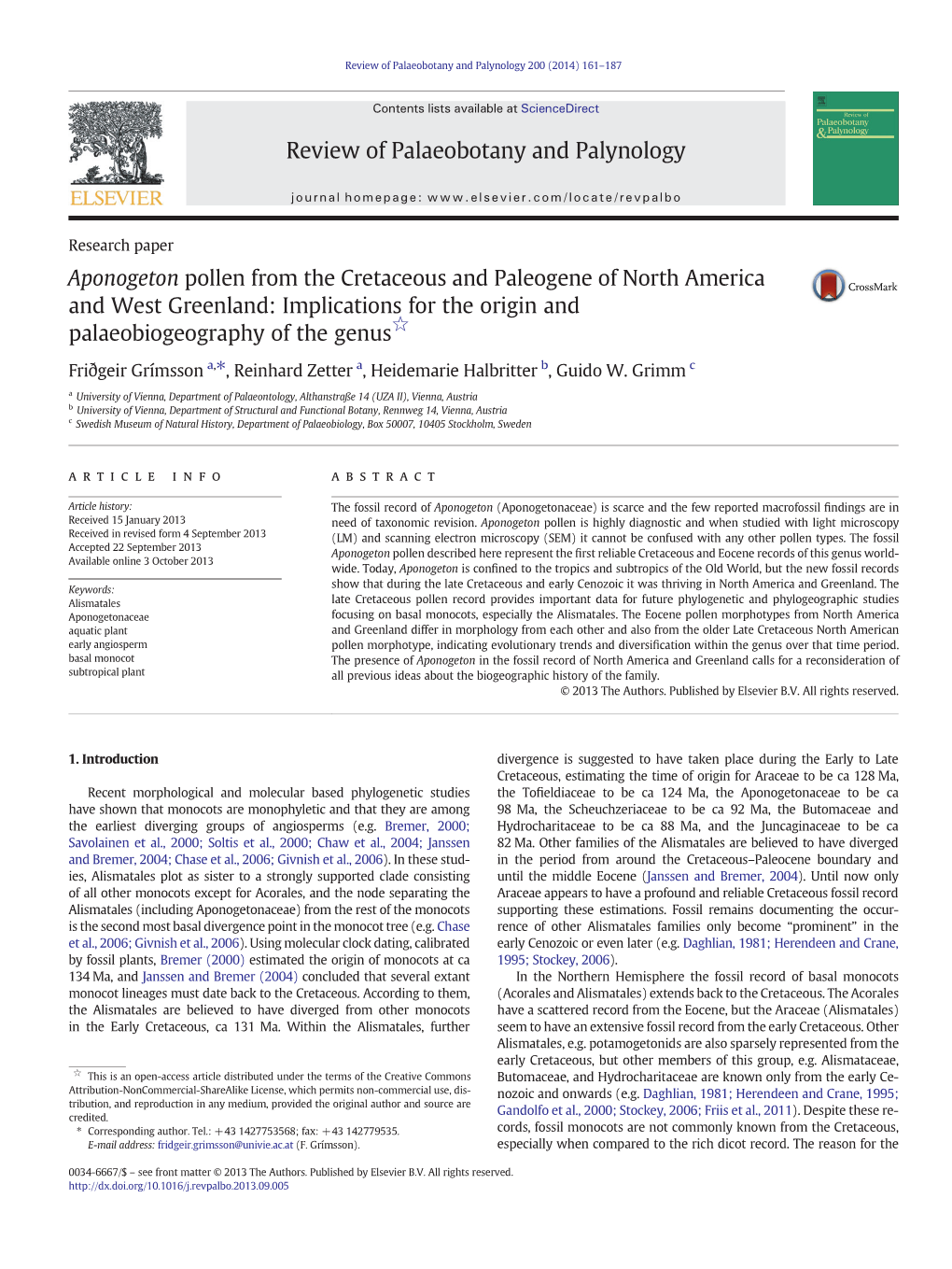 Aponogeton Pollen from the Cretaceous and Paleogene of North America and West Greenland: Implications for the Origin and Palaeobiogeography of the Genus☆