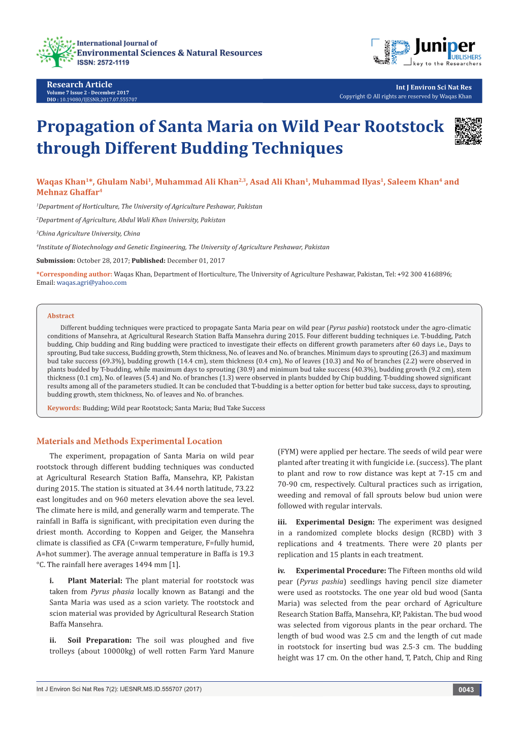 Propagation of Santa Maria on Wild Pear Rootstock Through Different Budding Techniques