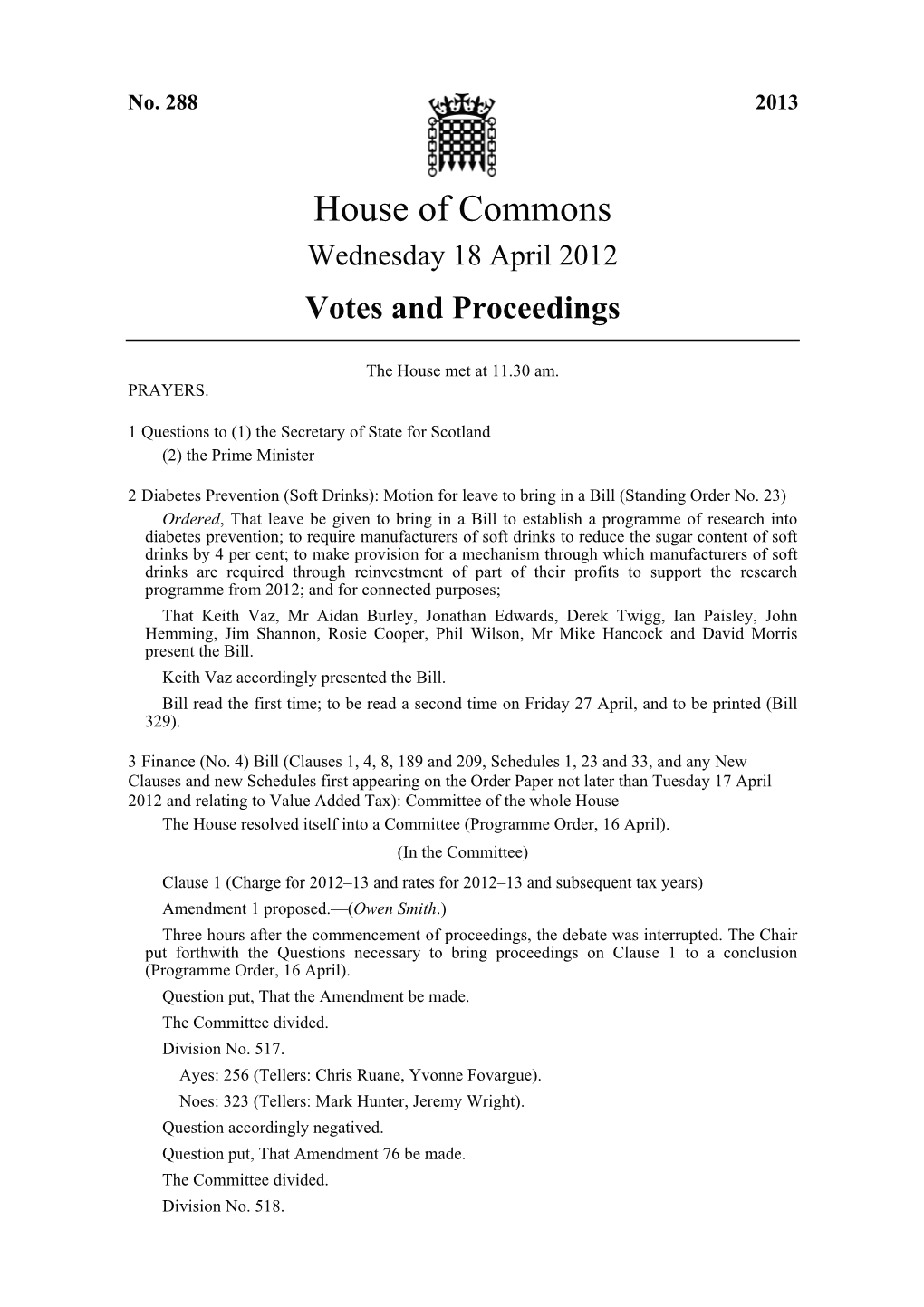 House of Commons Wednesday 18 April 2012 Votes and Proceedings