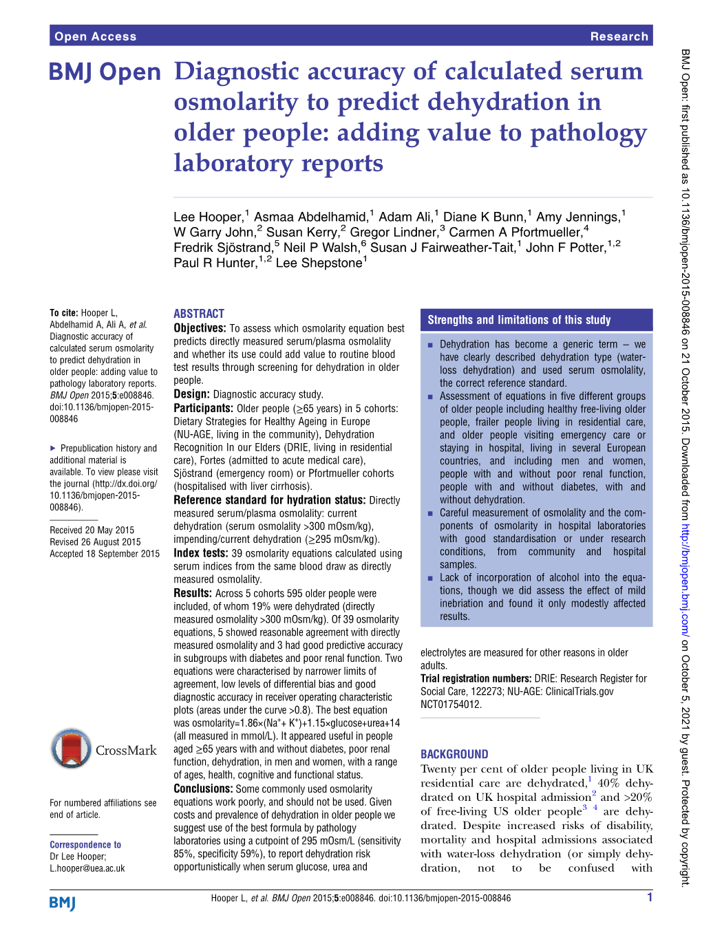 Diagnostic Accuracy of Calculated Serum Osmolarity to Predict Dehydration in Older People: Adding Value to Pathology Laboratory Reports