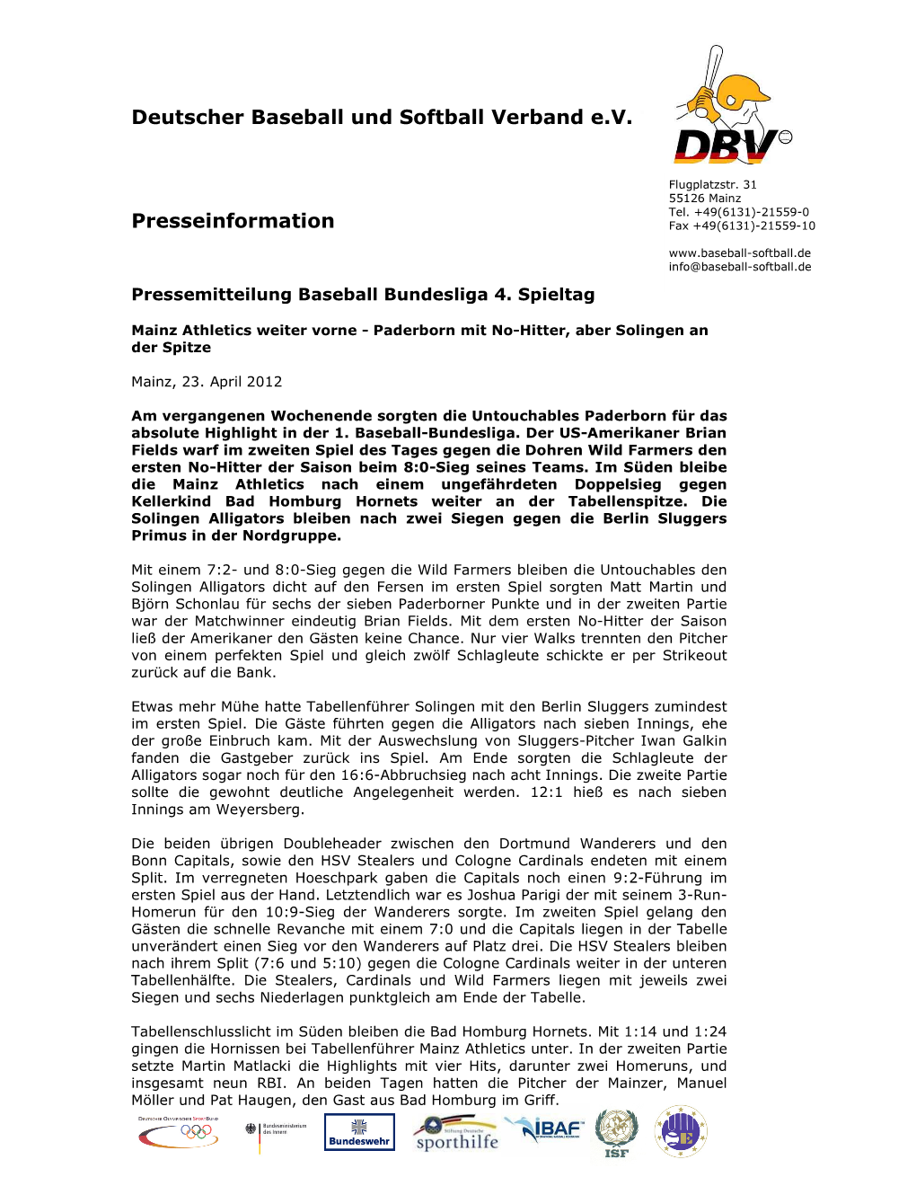 Deutscher Baseball Und Softball Verband E.V. Presseinformation