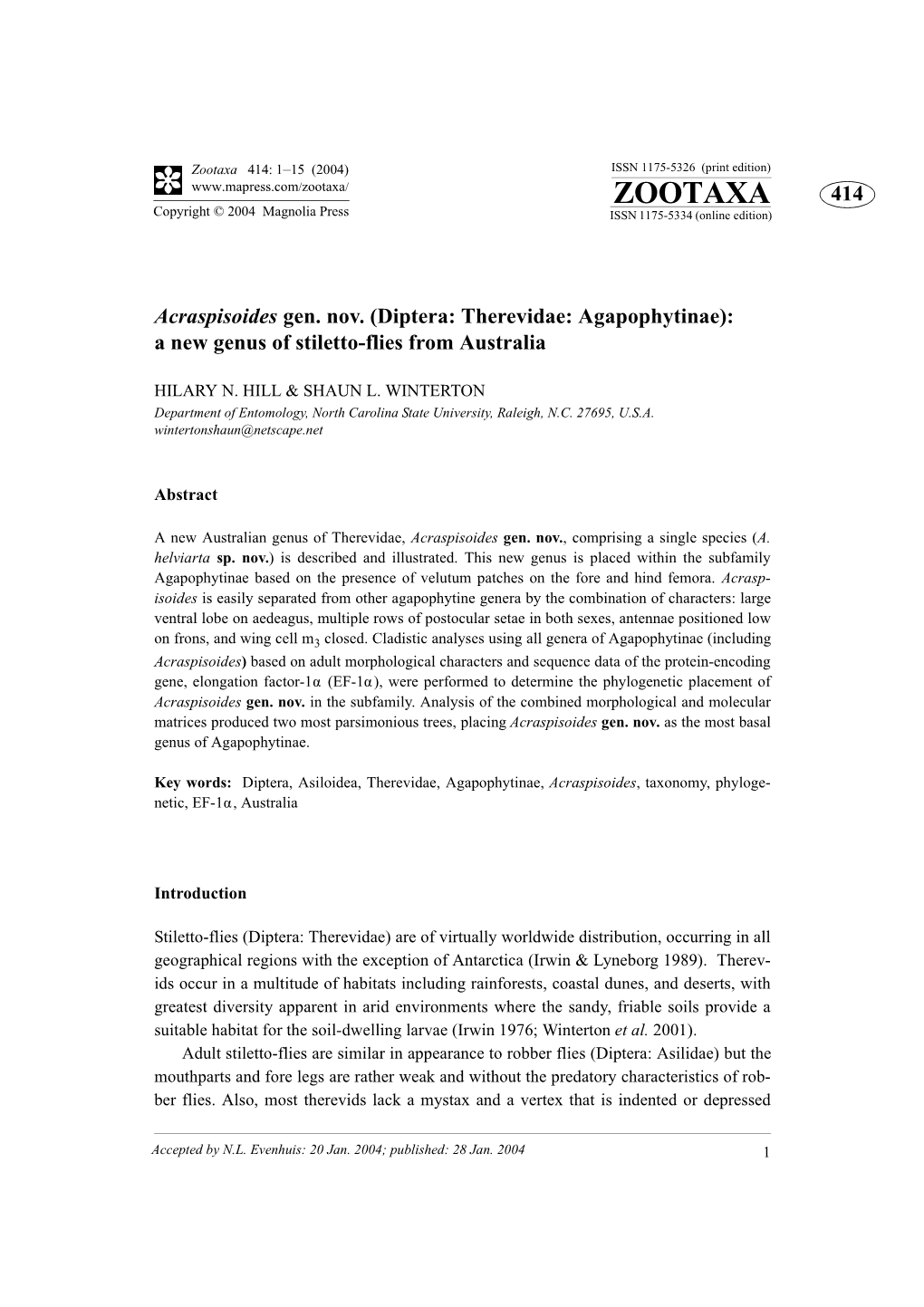 Zootaxa 414: 1–15 (2004) ISSN 1175-5326 (Print Edition) ZOOTAXA 414 Copyright © 2004 Magnolia Press ISSN 1175-5334 (Online Edition)