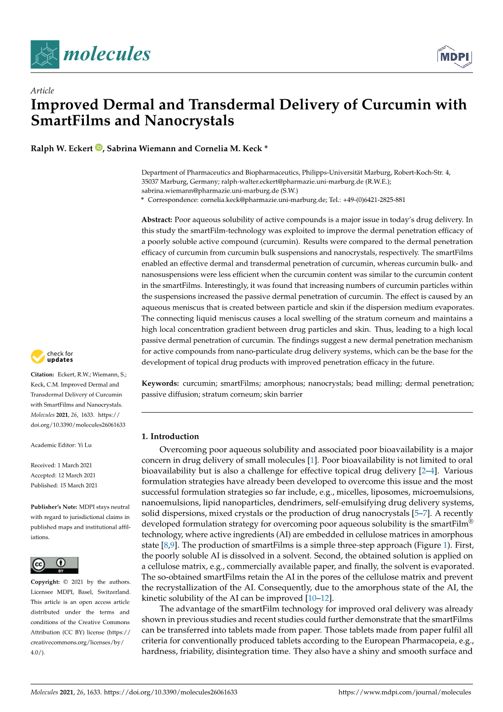 Improved Dermal and Transdermal Delivery of Curcumin with Smartfilms and Nanocrystals