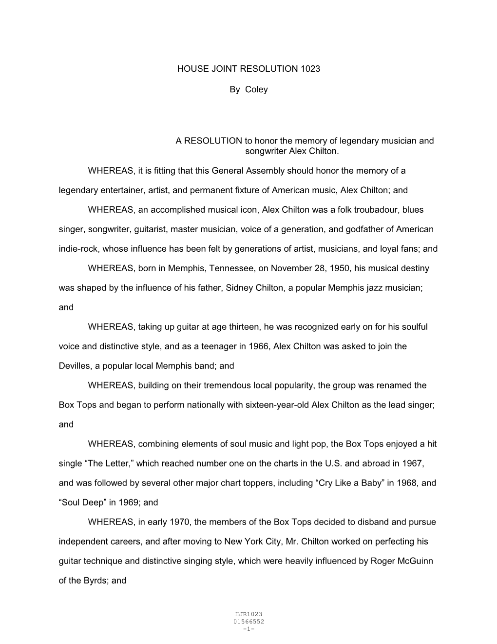 HOUSE JOINT RESOLUTION 1023 by Coley a RESOLUTION to Honor