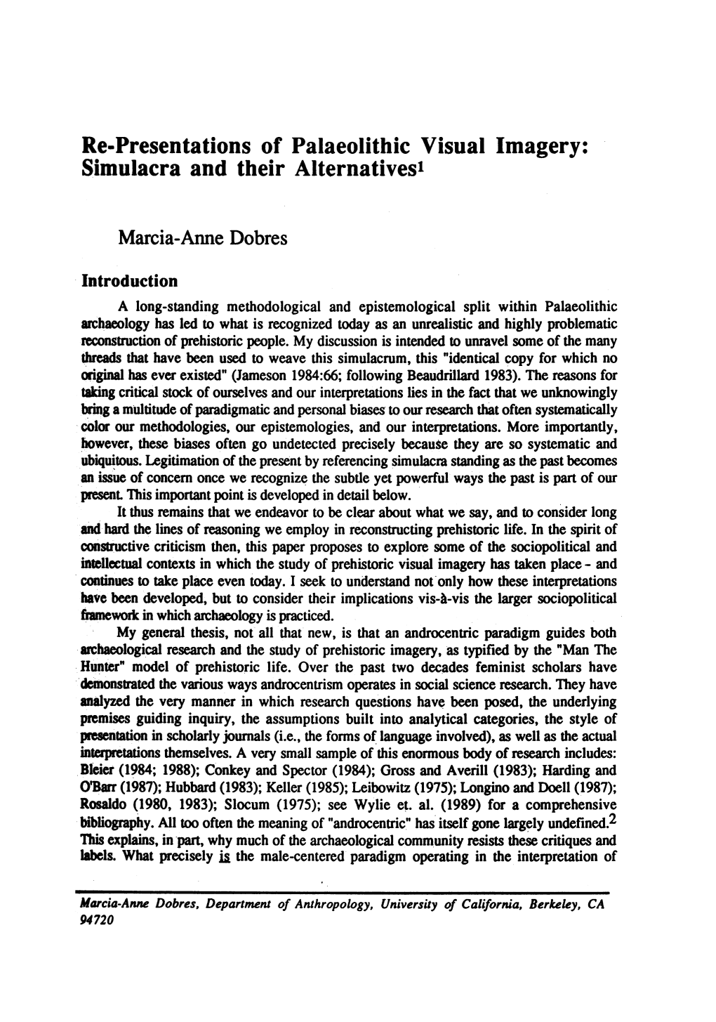 Re-Presentations of Palaeolithic Visual Imagery: Simulacra and Their Alternatives'