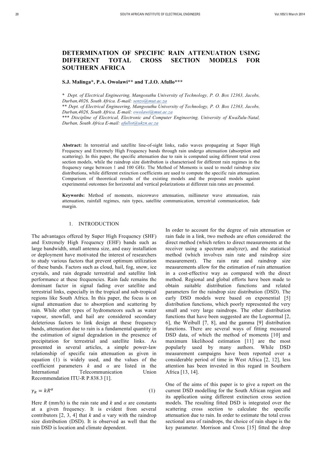 Determination of Specific Rain Attenuation Using Different Total Cross Section Models for Southern Africa