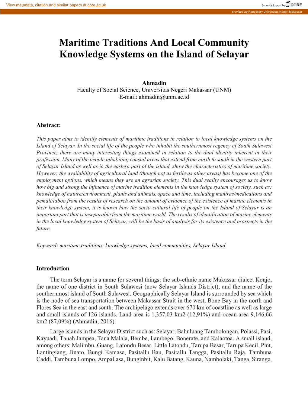 Maritime Traditions and Local Community Knowledge Systems on the Island of Selayar