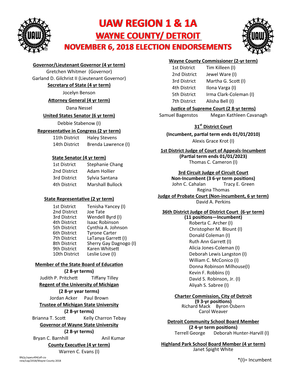 Uaw Region 1 & 1A Wayne County/ Detroit November 6, 2018 Election Endorsements