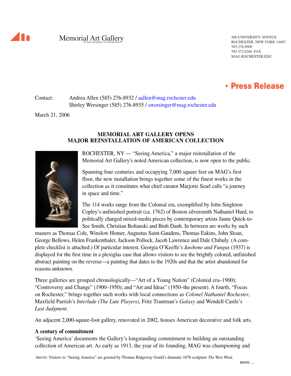 • Press Release Contact: Andrea Allen (585) 276-8932 / Aallen@Mag.Rochester.Edu Shirley Wersinger (585) 276-8935 / Swersinger@Mag.Rochester.Edu March 21, 2006