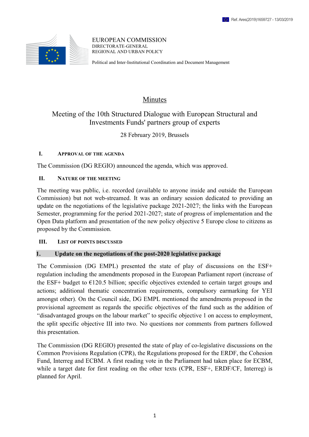 Minutes Meeting of the 10Th Structured Dialogue with European Structural and Investments Funds' Partners Group of Experts