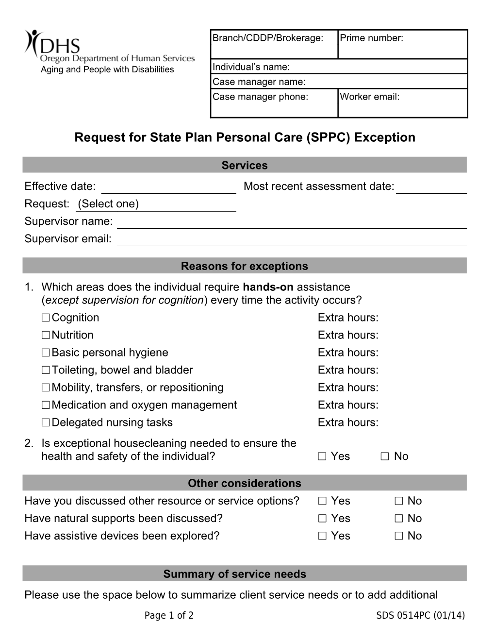 Request for State Plan Personal Care (SPPC) Exception