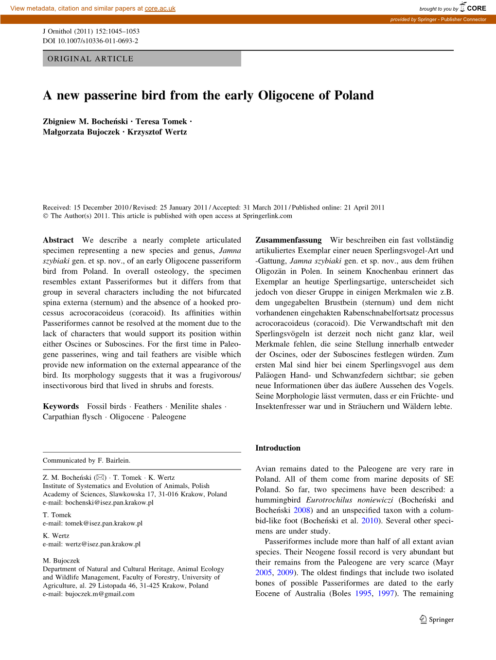 A New Passerine Bird from the Early Oligocene of Poland