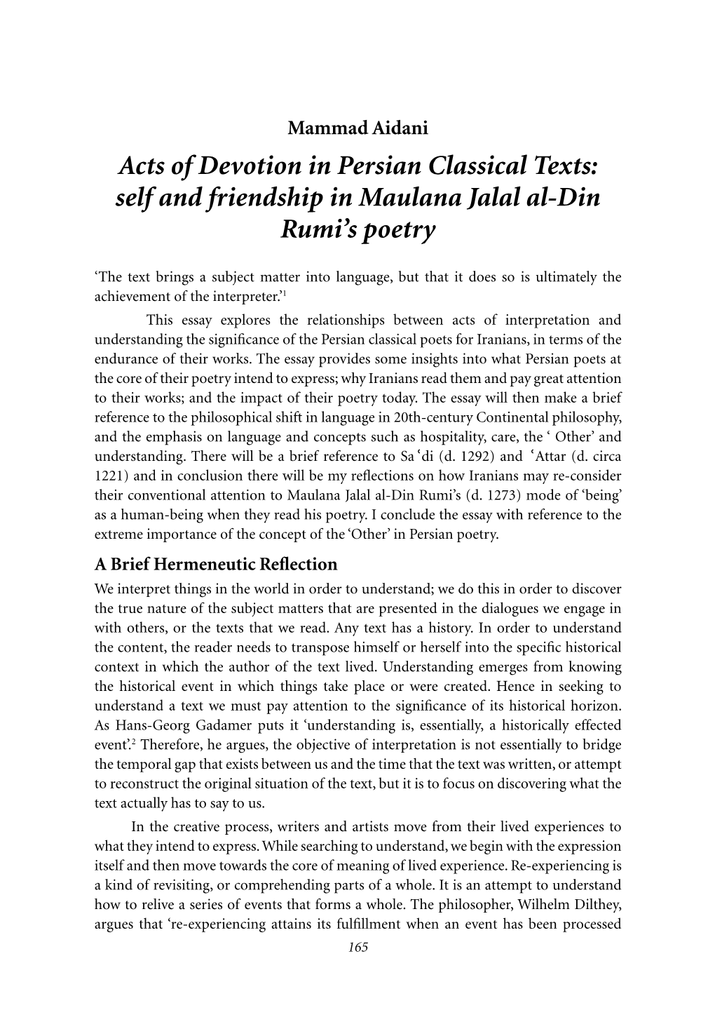 Acts of Devotion in Persian Classical Texts: Self and Friendship in Maulana Jalal Al-Din Rumi’S Poetry