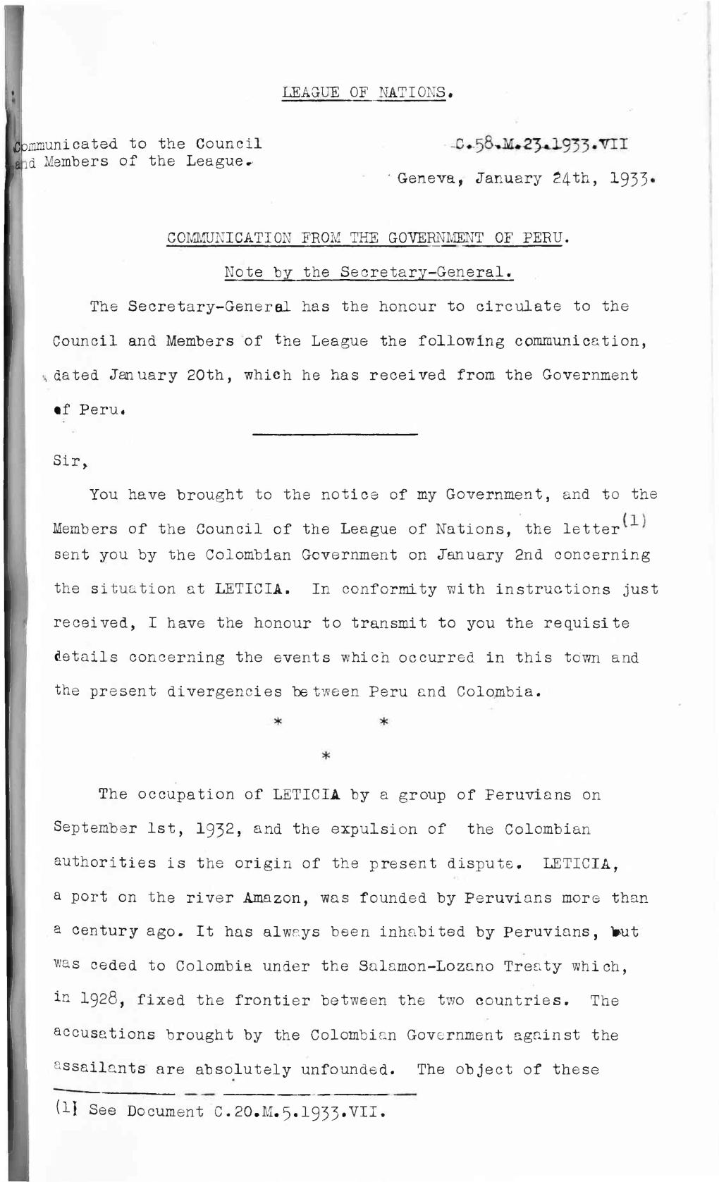 LEAGUE of NATIONS. Tcominunicated to the Council D Members of the League,- ' Geneva, January 24 Th, 1933'