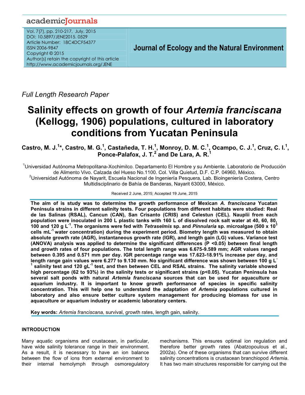 Laboratory Studies on the Influence of Salinity on Survival and Growth Of
