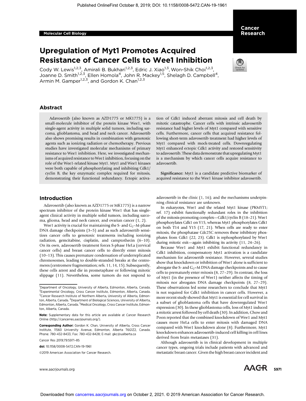 Upregulation of Myt1 Promotes Acquired Resistance of Cancer Cells to Wee1 Inhibition Cody W