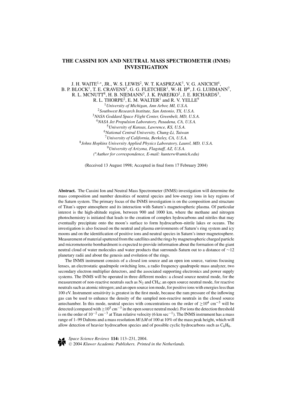 The Cassini Ion and Neutral Mass Spectrometer (Inms) Investigation