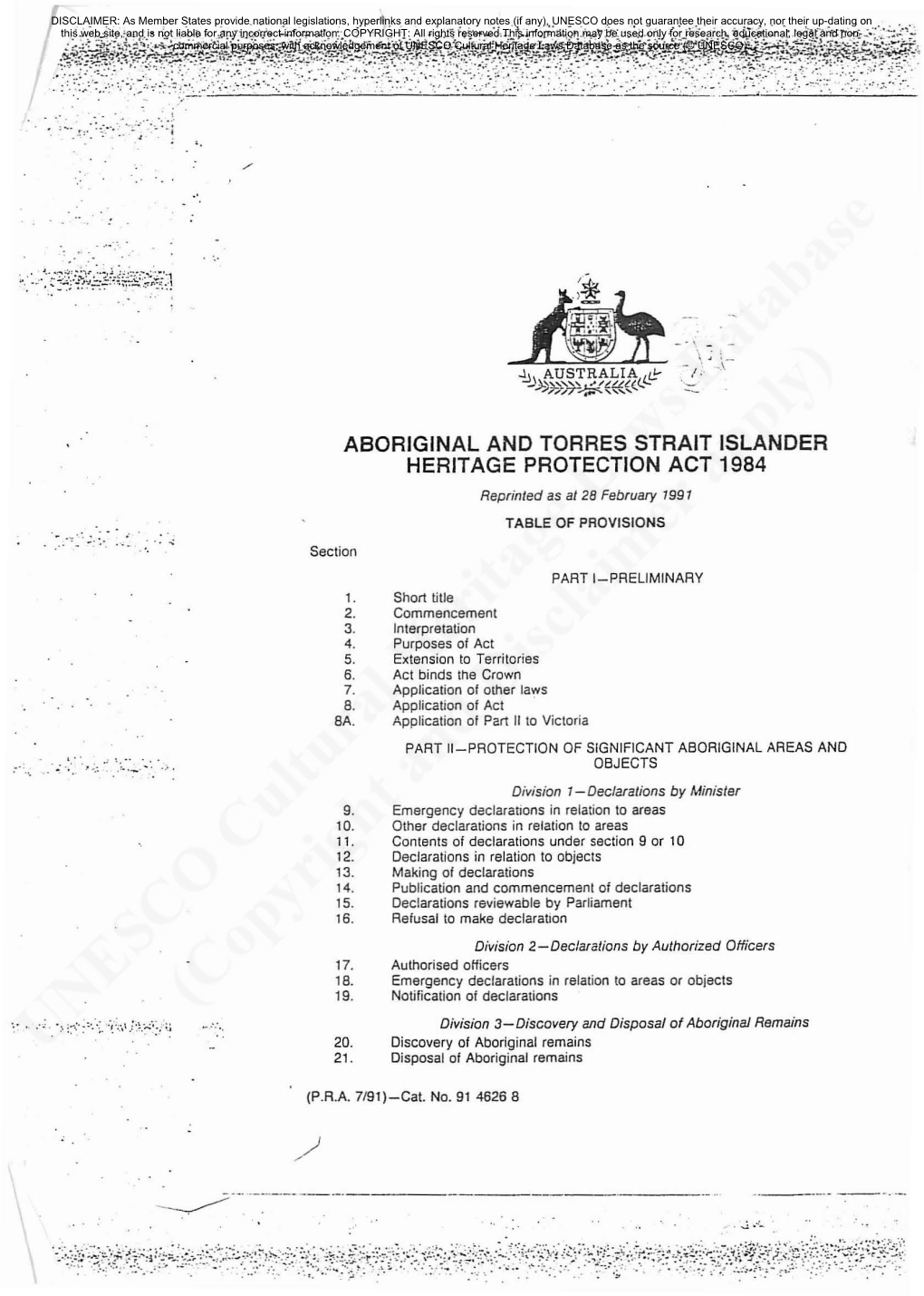 ABORIGINAL and TORRES STRAIT ISLANDER HERITAGE PROTECTION ACT 1984 Reprinted As at 28 February 1991 TABLE of PROVISIONS
