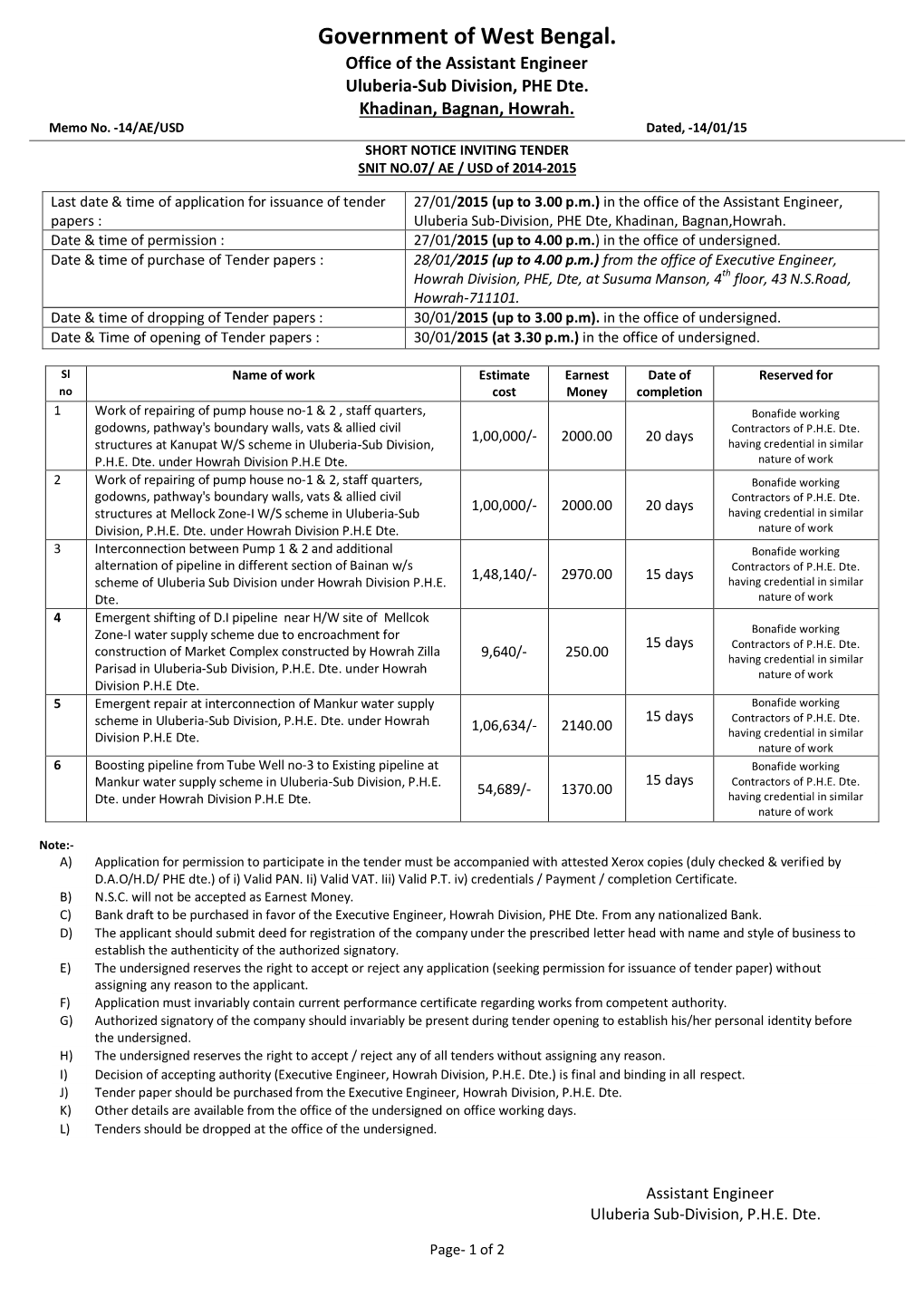 Government of West Bengal. Office of the Assistant Engineer Uluberia-Sub Division, PHE Dte