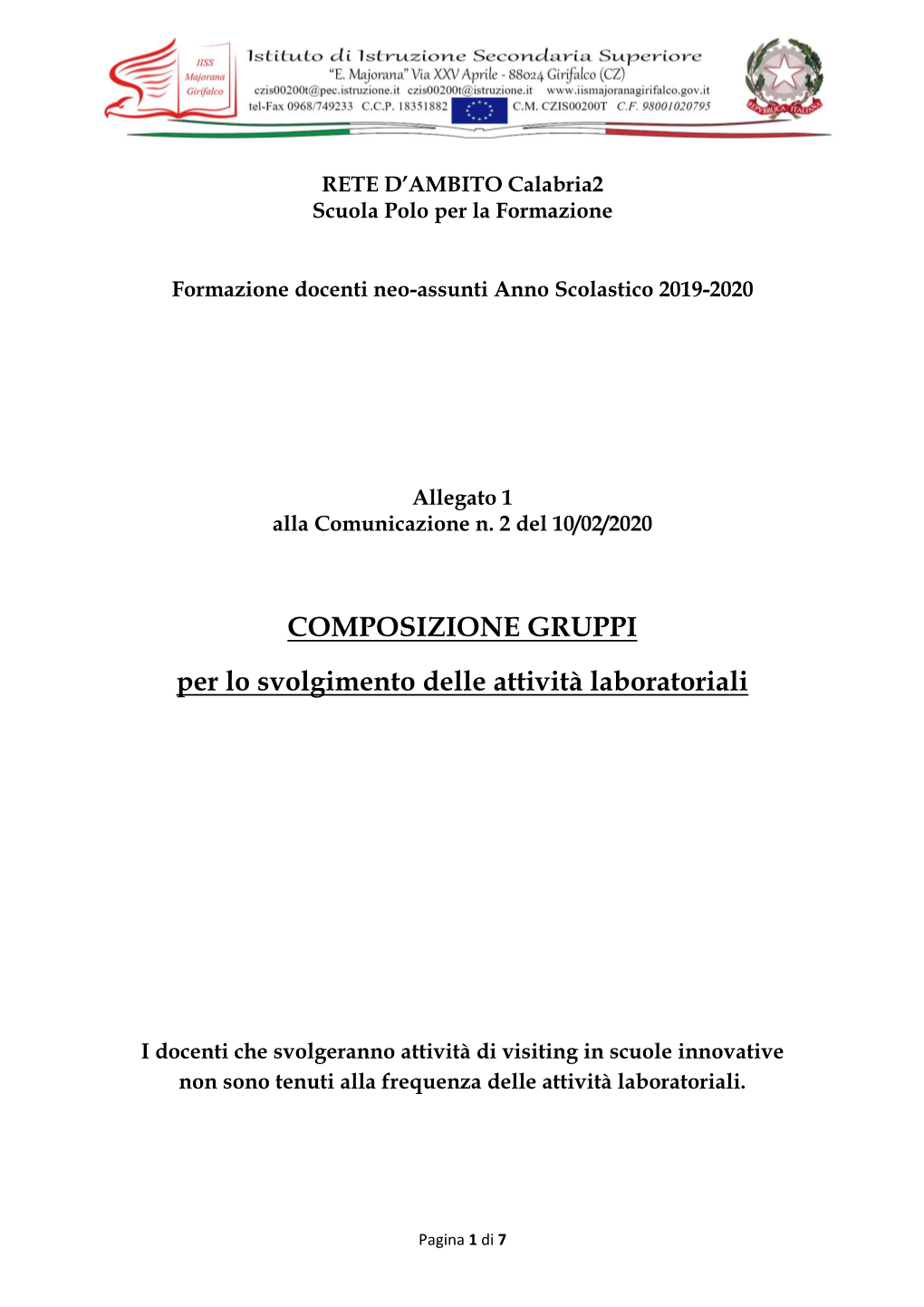 COMPOSIZIONE GRUPPI Per Lo Svolgimento Delle Attività Laboratoriali