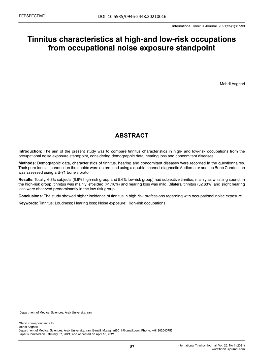 Tinnitus Characteristics at High-And Low-Risk Occupations from Occupational Noise Exposure Standpoint