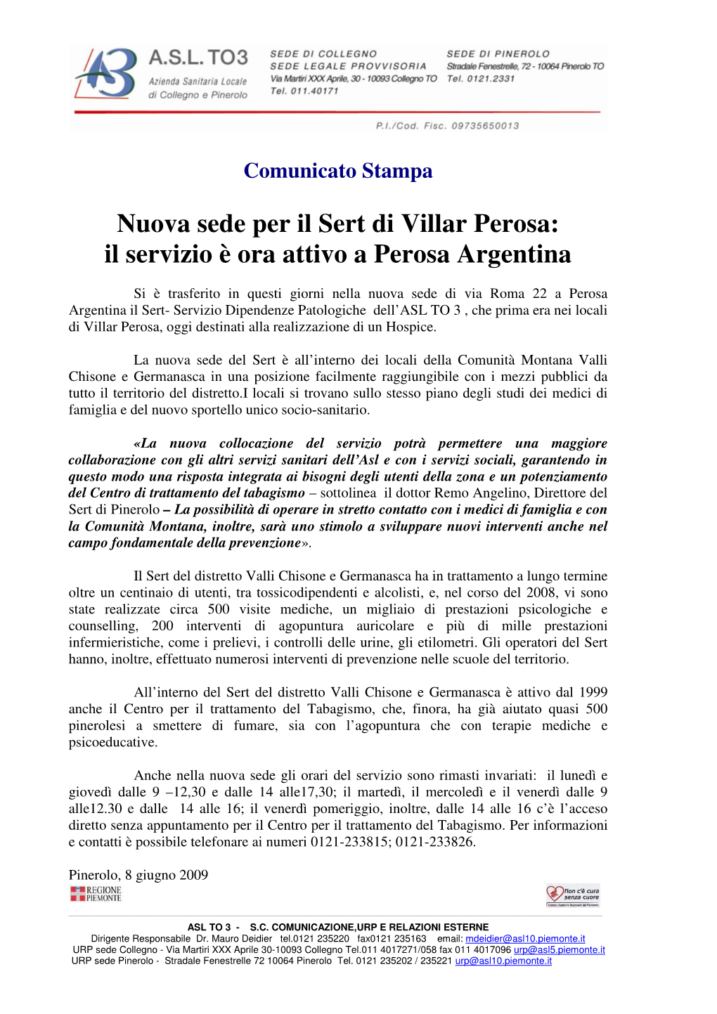 Nuova Sede Per Il Sert Di Villar Perosa: Il Servizio È Ora Attivo a Perosa Argentina