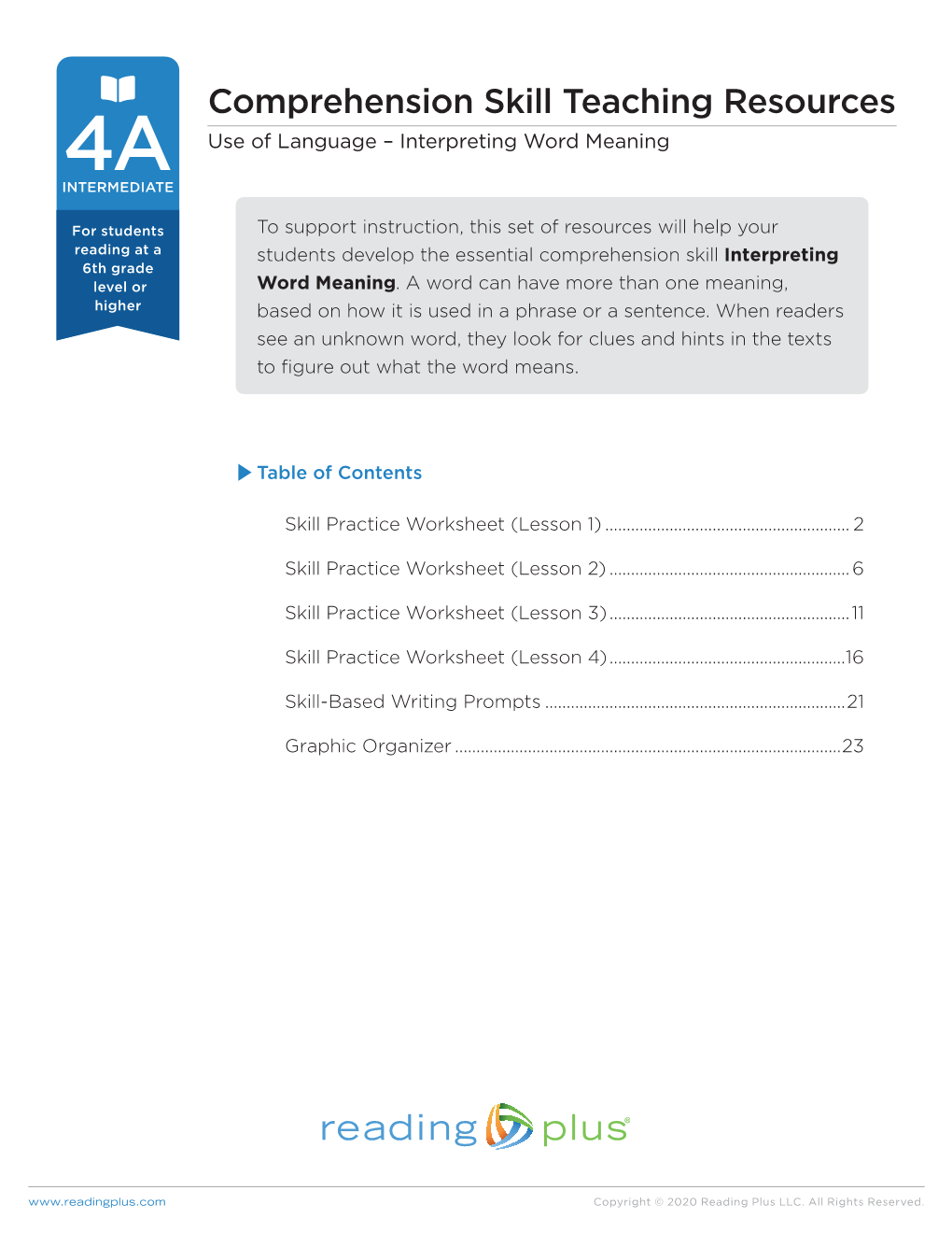 Comprehension Skill Teaching Resources 4A Use of Language – Interpreting Word Meaning INTERMEDIATE